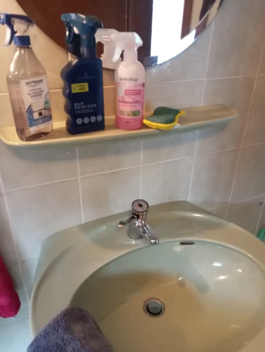 Waschtisch mit Sprühflaschen und einem Waschhandschuh auf einem Regal.