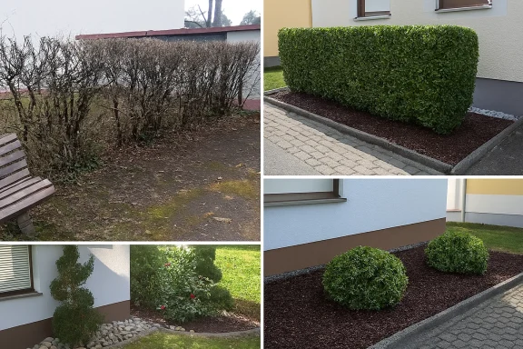 Zwei verteuerte Hecken und Sträucher in verschiedenen Formen und Größen, umgeben von Mulch.