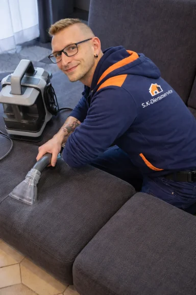 Eine Person reinigt ein Sofa mit einem Teppichreiniger.