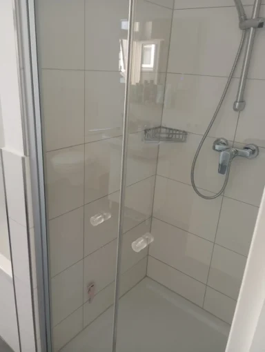 Duschkabine mit klaren Glastüren und moderner Armatur.